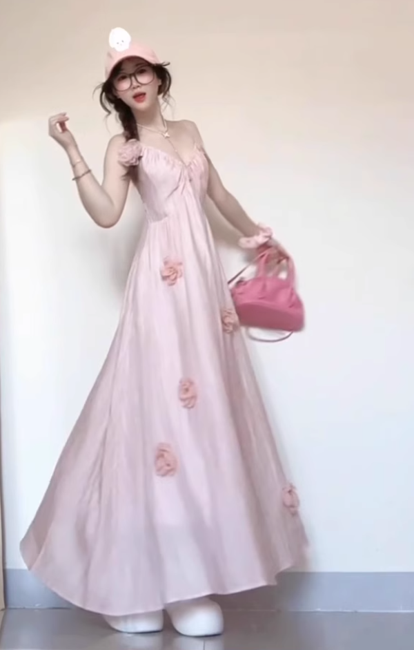 Large French pure pink flower dress beautiful suspender dress for seaside vacation R1827
