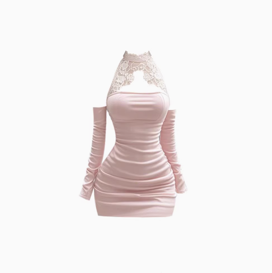 Pure desire style lace splicing halter neck dress 2025 hot girl waist hip short skirt R1263