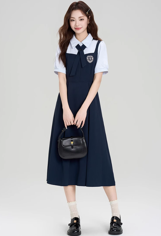 College style outfit waist temperament commuting fake two-piece dress R2393