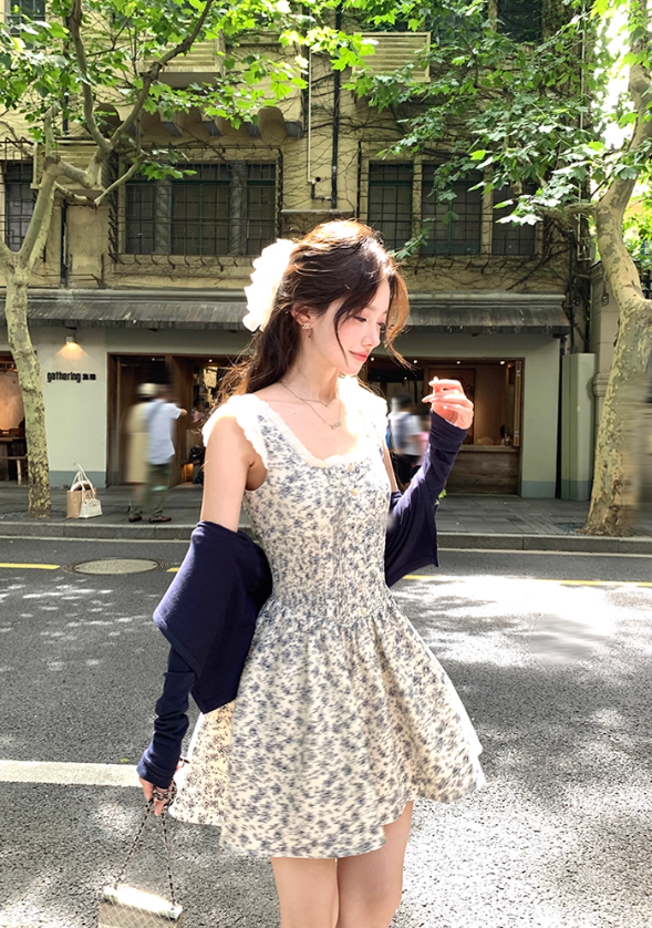 Square neck waist floral suspender dress for women summer French style temperament skirt R4696