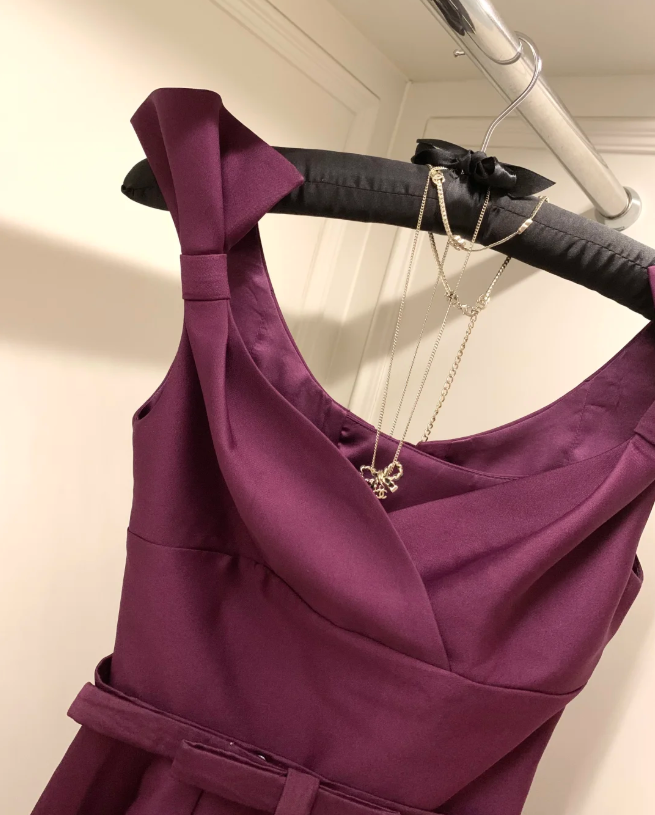 Purple bow strap waist slim fit A-line short skirt homecoming dress R4154