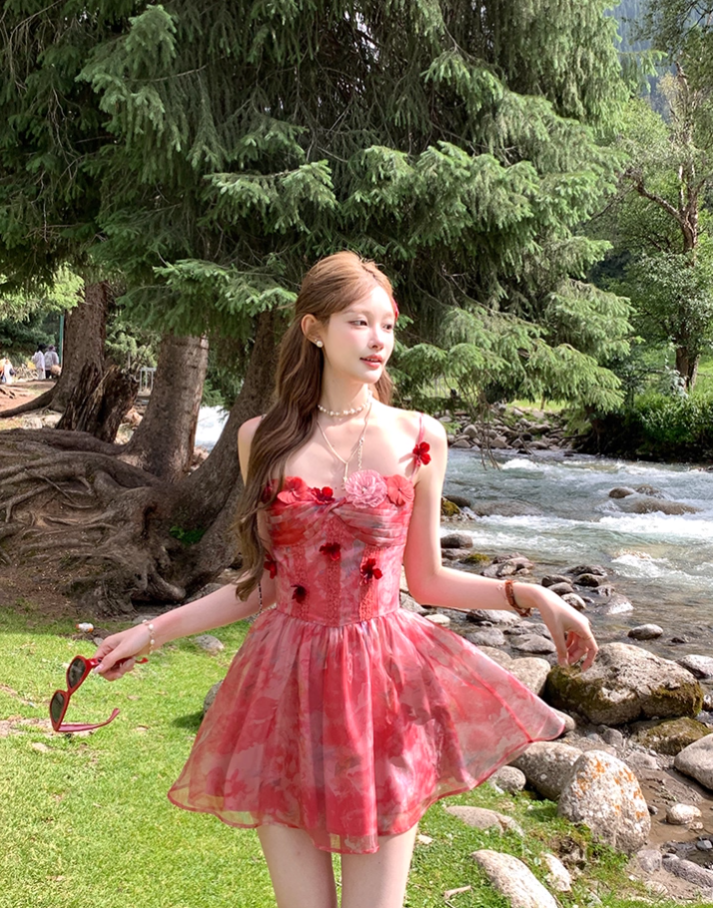 Red printed chiffon suspender dress women's summer French style waist skirt R4580