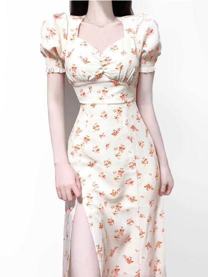 2025 Summer New French Square Neck Puff Sleeve Mid-Length Floral Waist Dress R0928