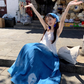 Fairy ruffle blue tie-dye color matching long skirt travel wear suspender dress R1712