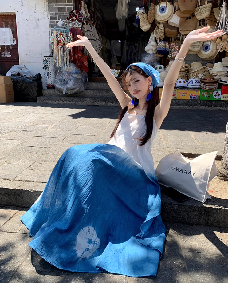 Fairy ruffle blue tie-dye color matching long skirt travel wear suspender dress R1712