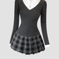 College Style Fake Two-piece Knit Top 2025 Plaid Pleated Skirt Set R1341