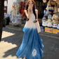 Fairy ruffle blue tie-dye color matching long skirt travel wear suspender dress R1712