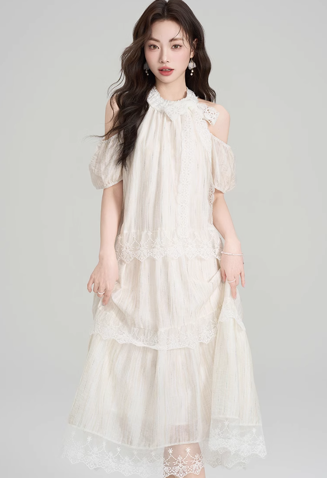 French design lace halter dress holiday style beautiful off-shoulder long dress R2399