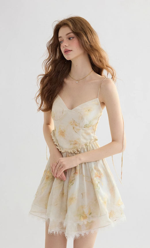 French suspender skirt floral dress seaside holiday skirt high-grade mini skirt female summer R3554