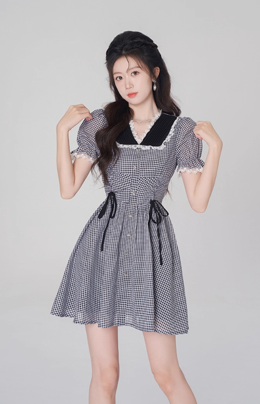 V-neck plaid dress summer tea break French skirt new style skirt niche design R4498