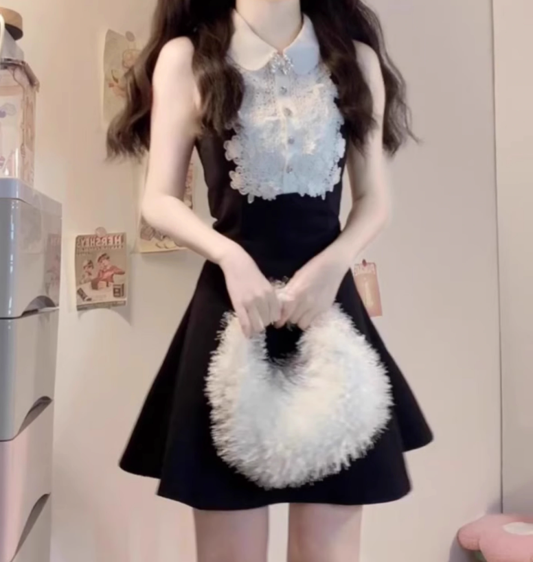 High-grade black sleeveless vest dress with lace waist and a-line tutu skirt R0755
