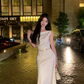 French style swing collar off-shoulder dress 2025 temperament satin fishtail high-end skirt R1479