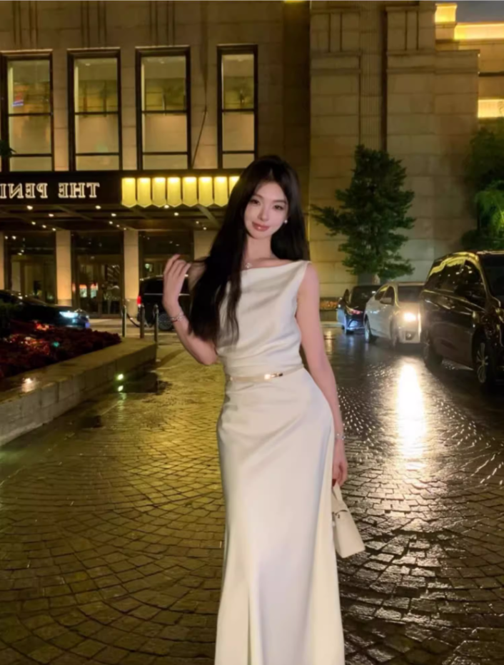 French style swing collar off-shoulder dress 2025 temperament satin fishtail high-end skirt R1479