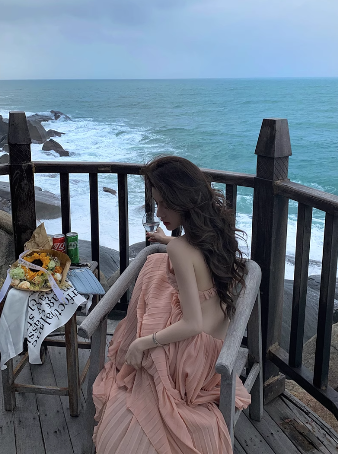 Travel photography clothes super fairy beach dress suspenders sexy backless dress R1575