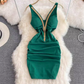 Fashionable slim fit sexy V-neck low-cut slit irregular sleeveless slim fit short hip dress R0369
