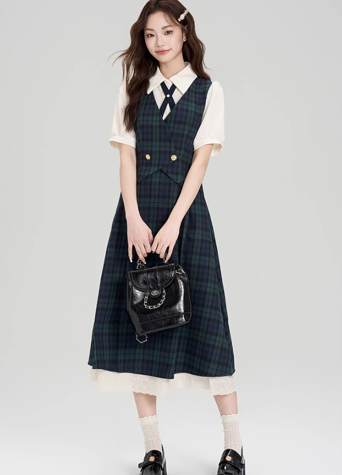 College style summer shirt splicing fake two-piece plaid dress R2395