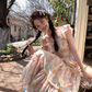 Long square neck small flying sleeve waist printed A-line dress summer French skirt R4905