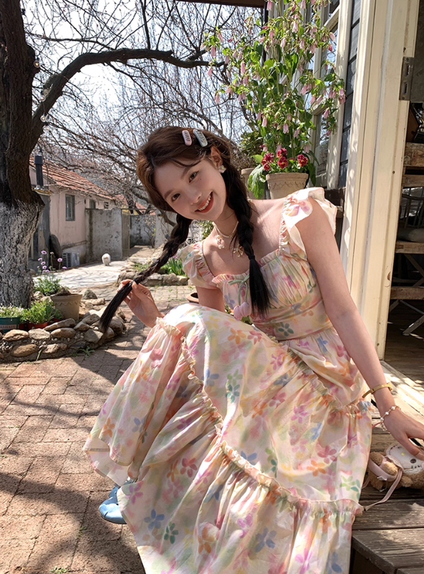 Long square neck small flying sleeve waist printed A-line dress summer French skirt R4905