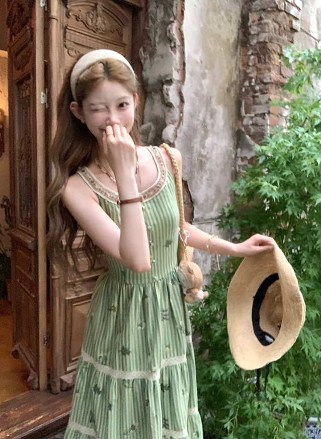 Green long round neck sleeveless suspender dress women's summer French temperament skirt R4742