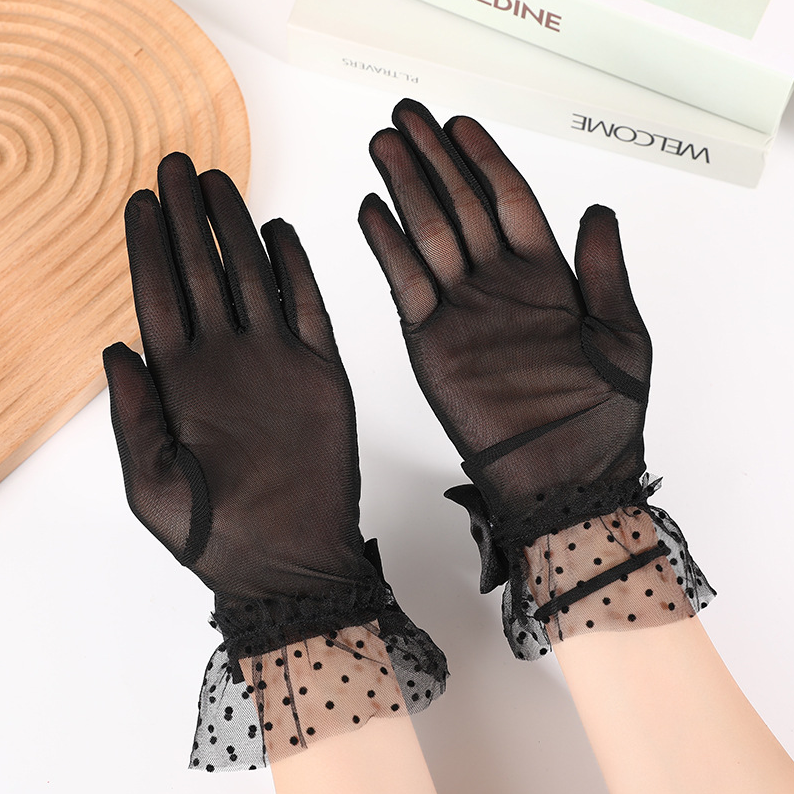 Mesh gloves, black lace polka dot lace bow short tube French Hepburn style dress     S6255
