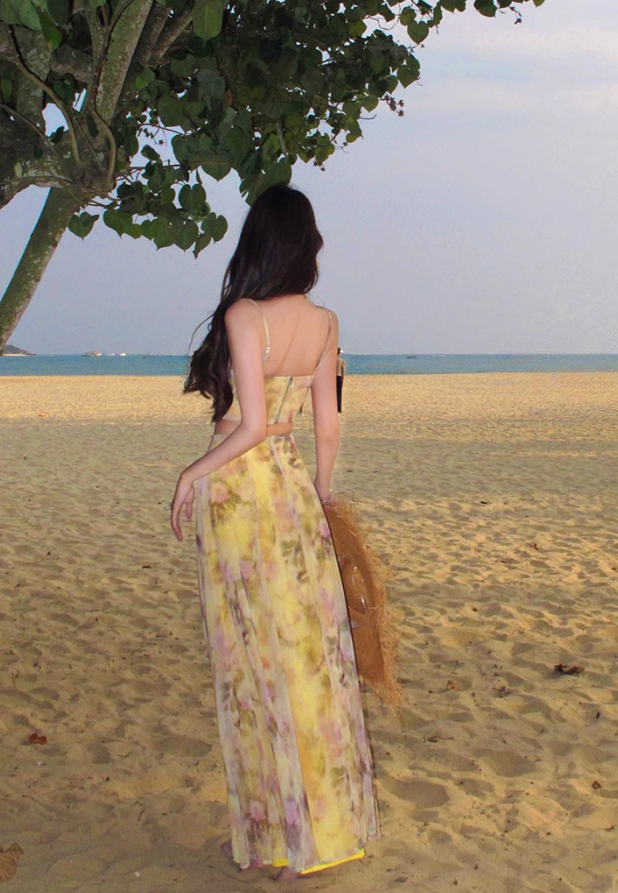 Yellow gradient floral suspender dress with gentle temperament and slim waist R0681