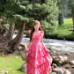 Pink long square collar white waist cake dress women's summer temperament skirt R4699