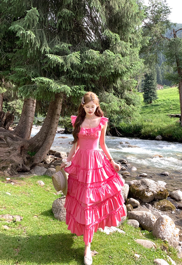 Pink long square collar white waist cake dress women's summer temperament skirt R4699