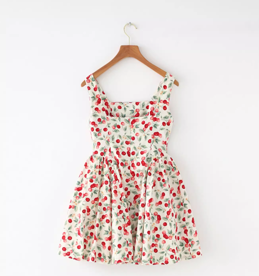 French American retro cherry design slimming waist cinching camisole dress new style R2876
