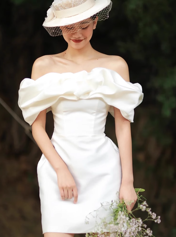 French white one-shoulder simple banquet birthday party short evening dress homecoming dress R2973