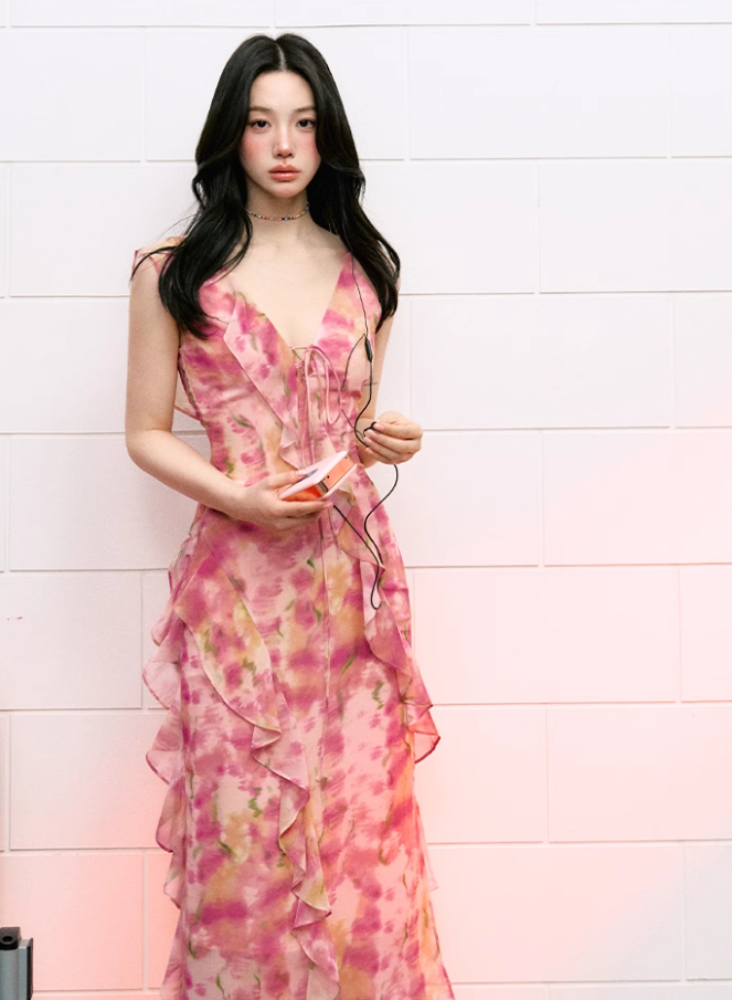 French asymmetric ruffled floral dress for women summer design niche long dress R3325