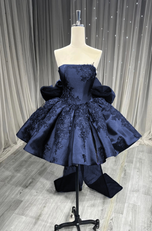 Retro Navy A-Line Strapless Embroidery Bodycon Mini Birthday Dress Homecoming Dress RS365