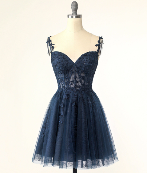 Pretty Navy Homecoming Dress , Lace Embroidery Corset Mini Evening Dress Cami Dress RS1441