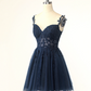 Pretty Navy Homecoming Dress , Lace Embroidery Corset Mini Evening Dress Cami Dress RS1441