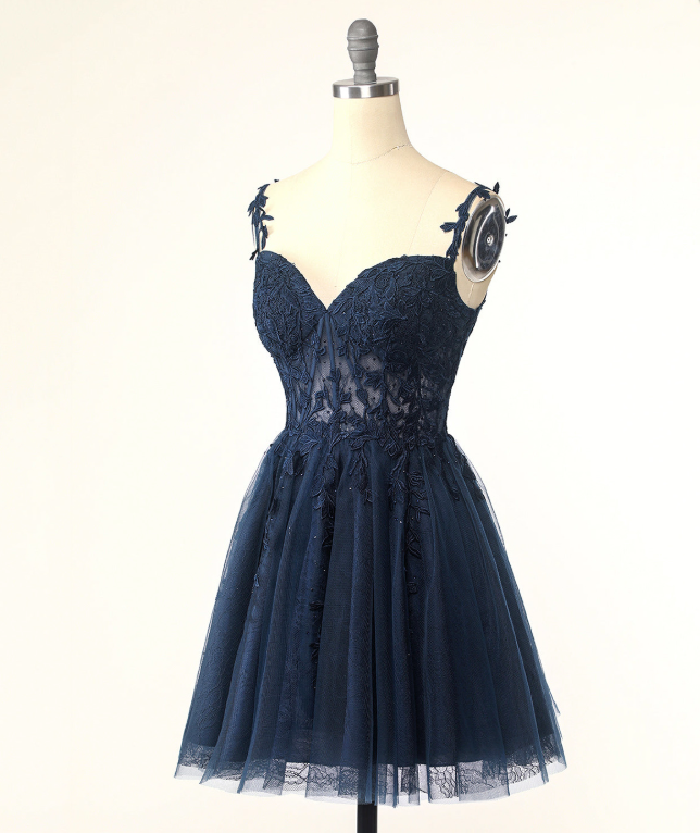 Pretty Navy Homecoming Dress , Lace Embroidery Corset Mini Evening Dress Cami Dress RS1441