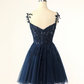Pretty Navy Homecoming Dress , Lace Embroidery Corset Mini Evening Dress Cami Dress RS1441