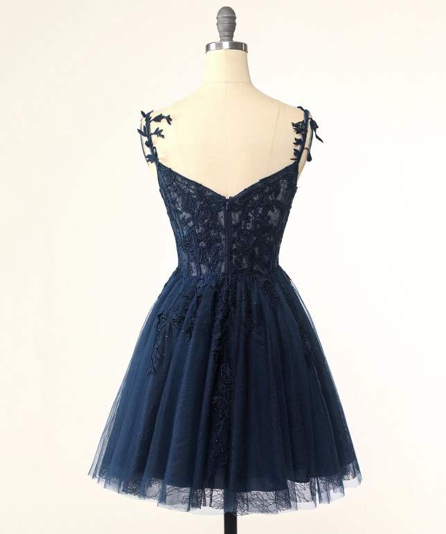 Pretty Navy Homecoming Dress , Lace Embroidery Corset Mini Evening Dress Cami Dress RS1441