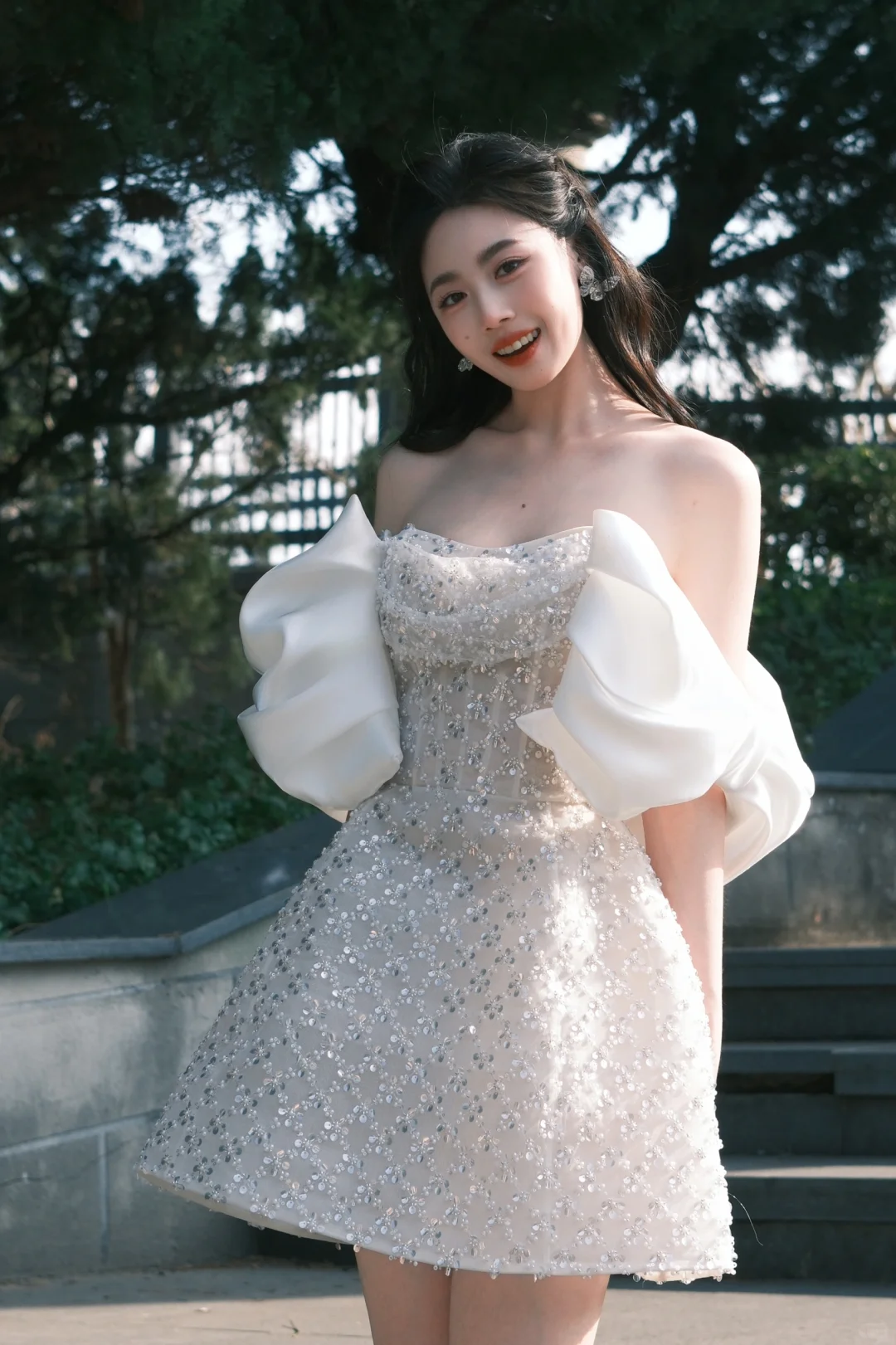 Silver tube top gentle sequin pearl waist sexy A-line short skirt homecoming dress R4191