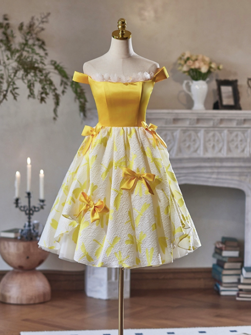 Vibrant Bright Yellow Homecoming Dress ,A-Line Bateau Bow-knot Corset Short Prom Dress RS811