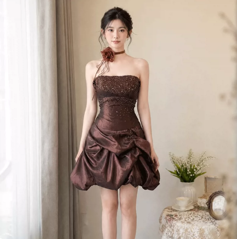 Glitter Pleated Women's Homecoming Dress Brown Corset Short Prom Dress Party Dress RS2656