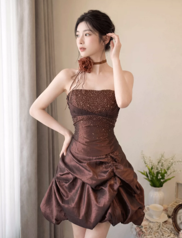 Glitter Pleated Women's Homecoming Dress Brown Corset Short Prom Dress Party Dress RS2656