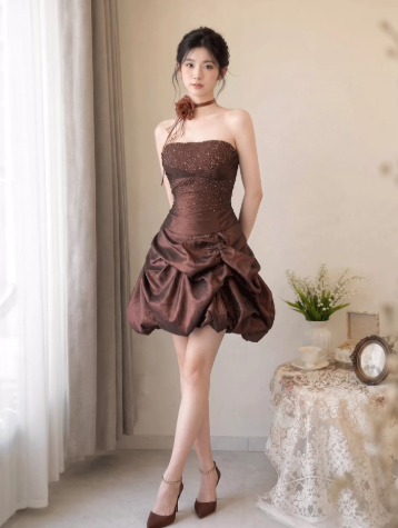 Glitter Pleated Women's Homecoming Dress Brown Corset Short Prom Dress Party Dress RS2656