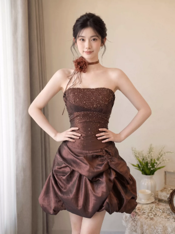 Glitter Pleated Women's Homecoming Dress Brown Corset Short Prom Dress Party Dress RS2656