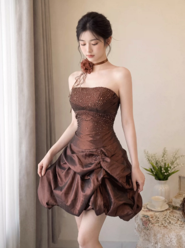 Glitter Pleated Women's Homecoming Dress Brown Corset Short Prom Dress Party Dress RS2656