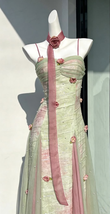 Elegant Soft Green Prom Dress,A-Line Spaghetti Straps Applique Corset Maxi Birthday Dress Cami Dress RS1049