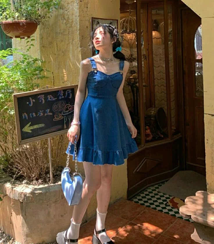 Blue denim suspenders waist A-line short skirt homecoming dress R3443