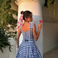 Blue and white checkered suspenders waist slim short skirt homecoming dress R3471