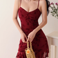 French retro wine red floral sling dress mesh hip skirt R2854