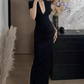 New Chinese style deep V flower dress 2025 Royal sister hip slit long skirt R1148