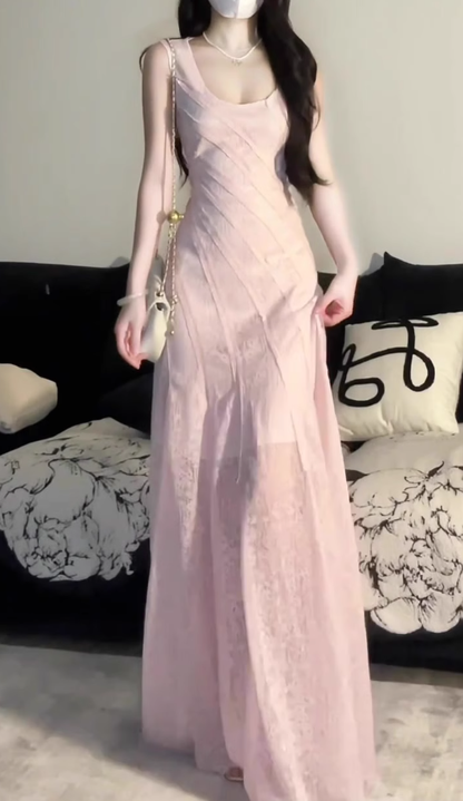 Design pure desire pink vest dress 2025 new seaside vacation gentle temperament slim long skirt R0476