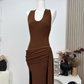 2025 Summer versatile design halter neck backless sexy pleated side slit knitted dress R0279